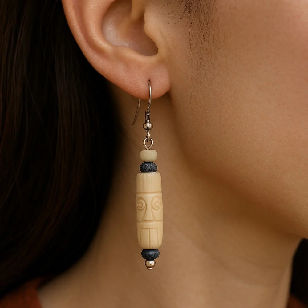 Dangle Earrings Carved beads pierced 2” long